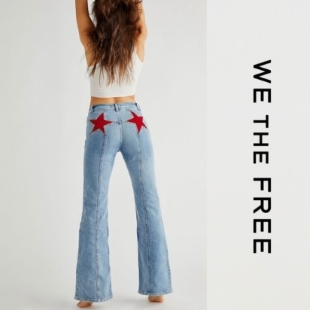 We The Free Light Blue Flare Jeans with Red Stars